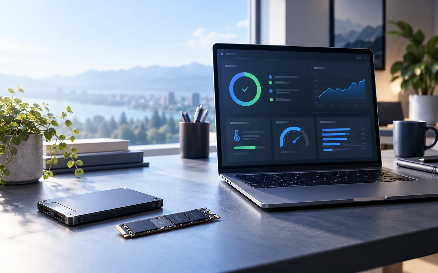 Modern storage workspace with SSD and NVMe hardware beside a generic benchmark and health dashboard on a laptop.